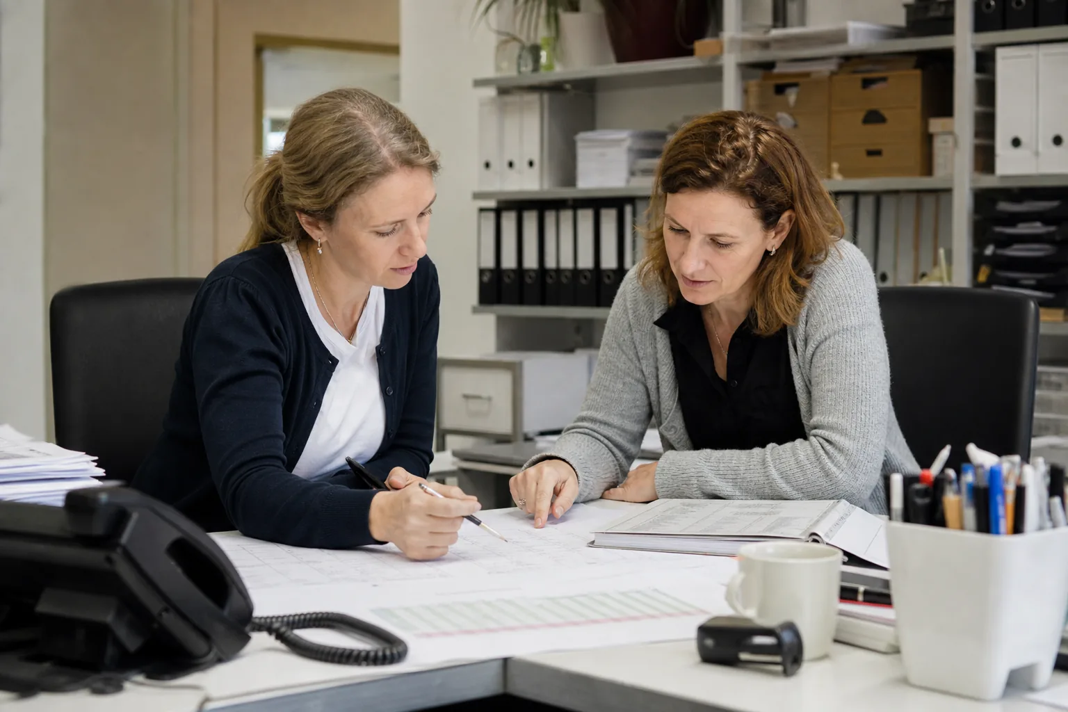 Zwei Kanzleimitarbeitende planen Vertretungszeiten in einem digitalen Kalender