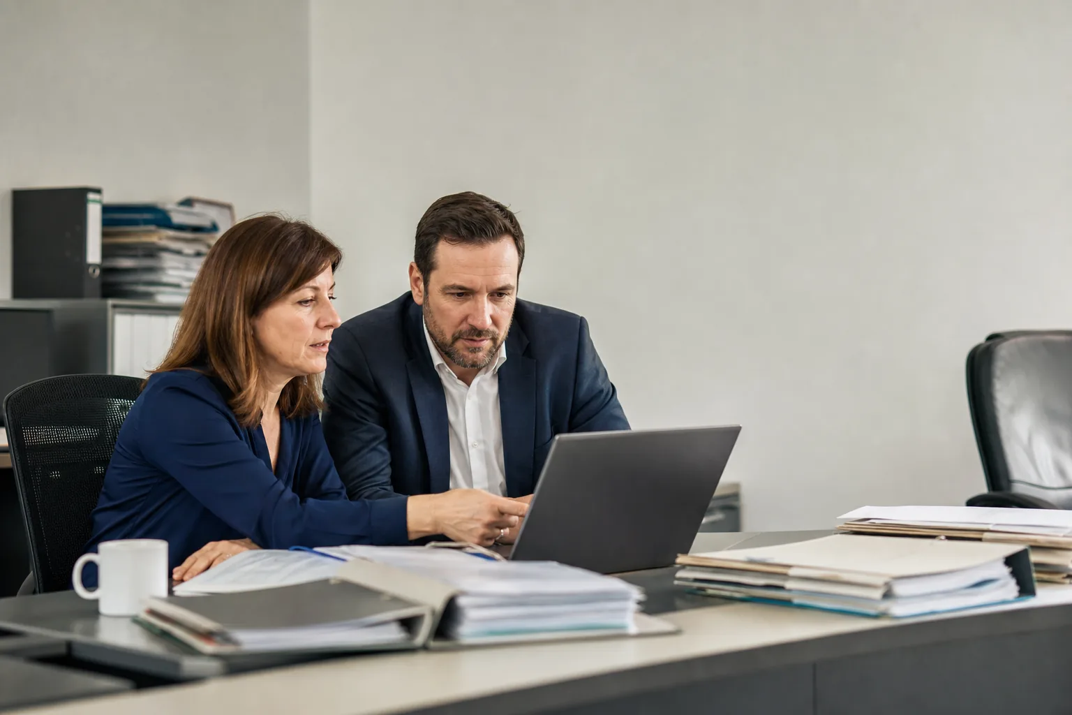 Rechtsanwaltsfachangestellte und Rechtsanwalt prüfen gemeinsam offene Fristen am Laptop